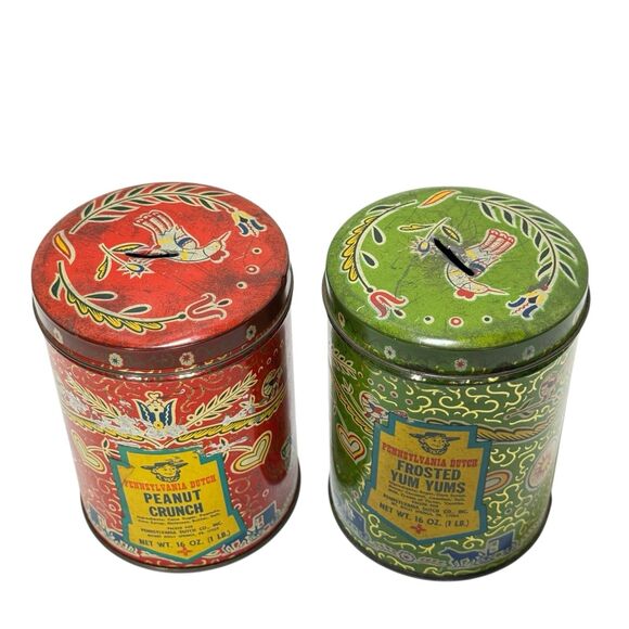 Vintage Pennsylvania Dutch Candies Yum Yum Peanut Crunch Tin Coin Banks Amish - Picture 4 of 14
